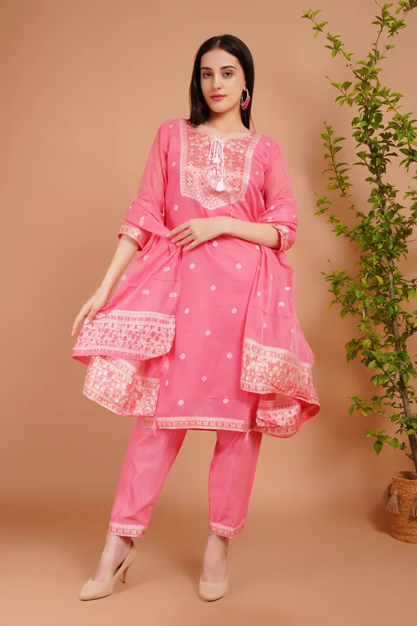 Pink_Stylish_Elegant_Design_Kurti_With_Pant_&_Dupatta_Set_For_Women