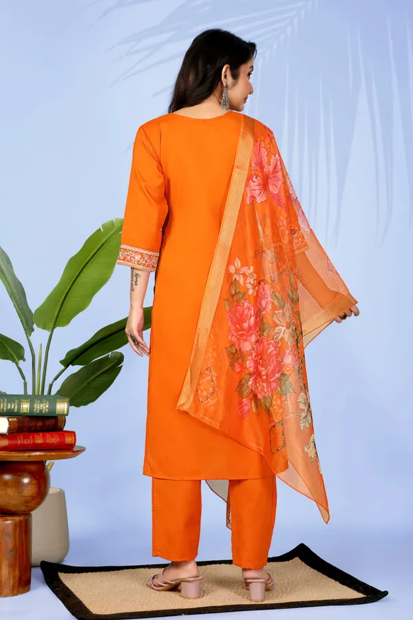 Orange_Cotton_Blend_Premium_&_Elegant_Straight_Kurti_With_Dupatta_Set_For_Women