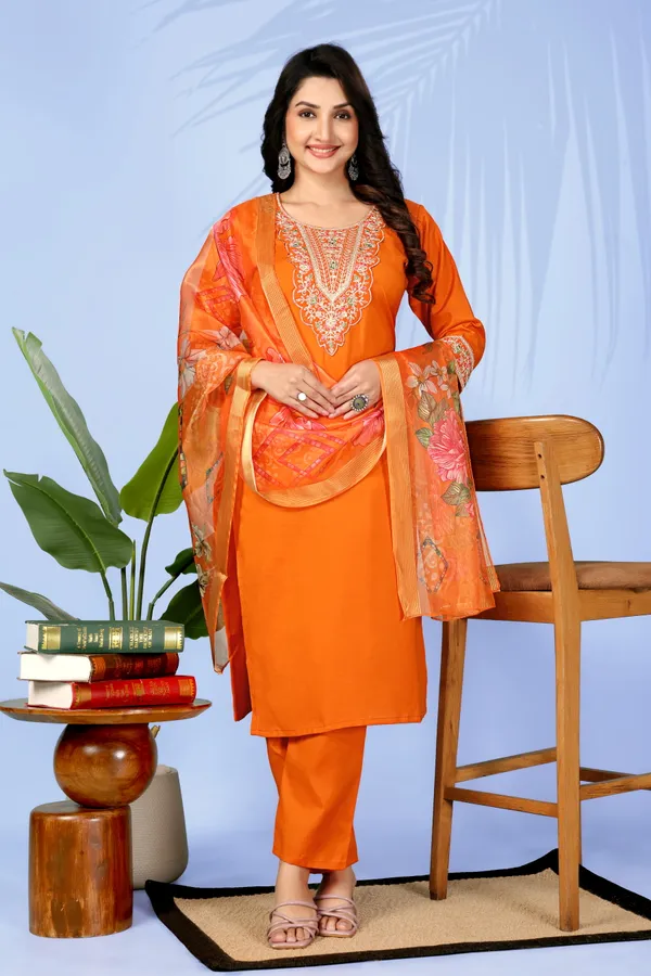 Orange_Cotton_Blend_Premium_&_Elegant_Straight_Kurti_With_Dupatta_Set_For_Women