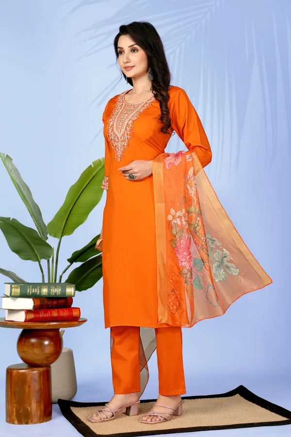 Orange_Cotton_Blend_Premium_&_Elegant_Straight_Kurti_With_Dupatta_Set_For_Women