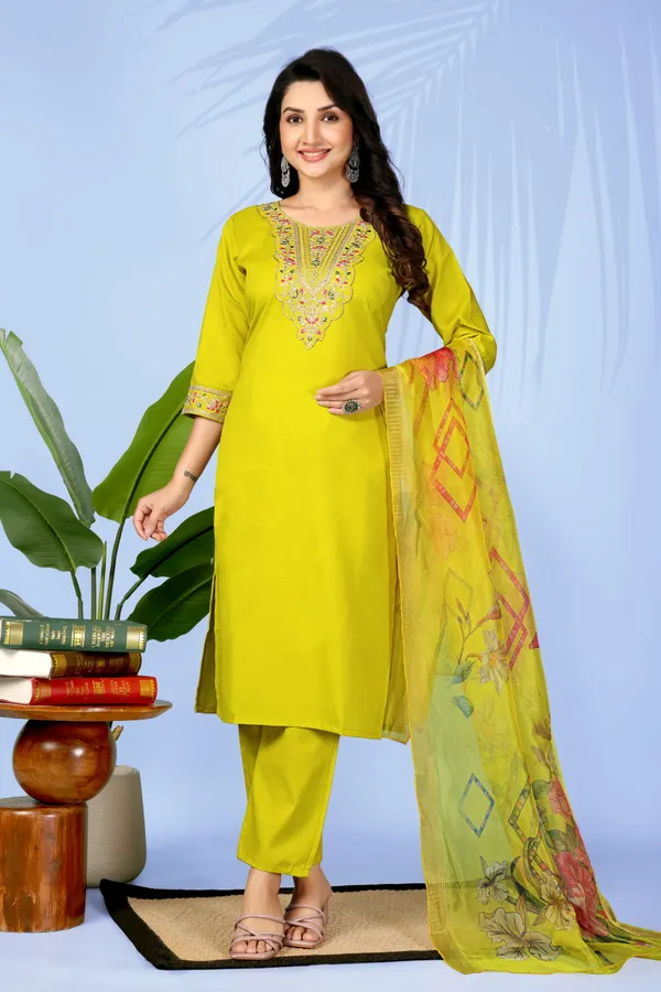 Yellow_Cotton_Blend_Premium_&_Elegant_Straight_Kurti_With_Dupatta_Set_For_Women