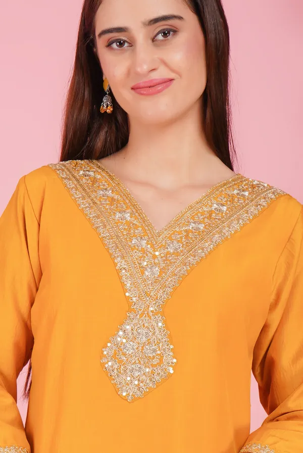 Mustard_Art_Silk_Premium_&_Elegant_Aline_Kurti_&_Pant_With_Dupatta_Set_For_Women