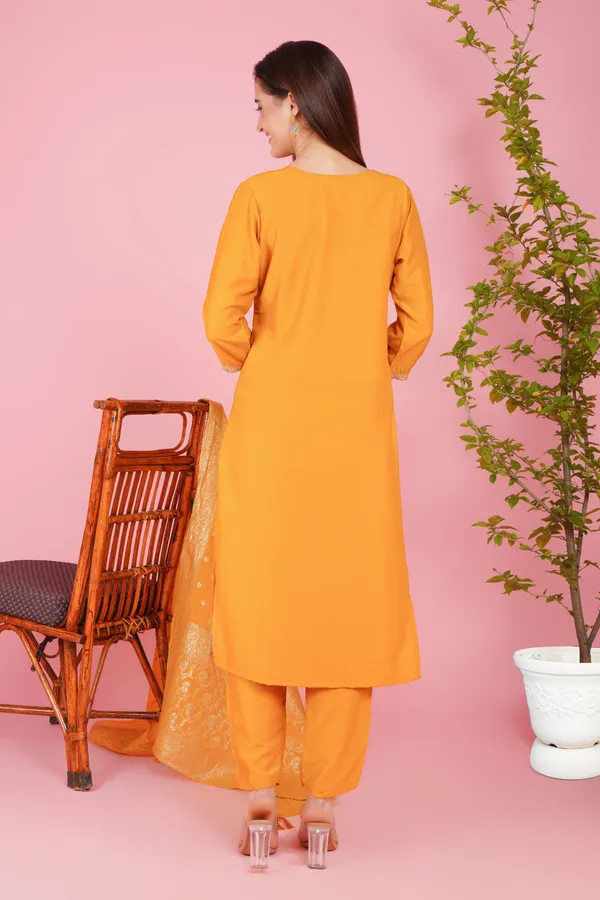 Mustard_Art_Silk_Premium_&_Elegant_Aline_Kurti_&_Pant_With_Dupatta_Set_For_Women