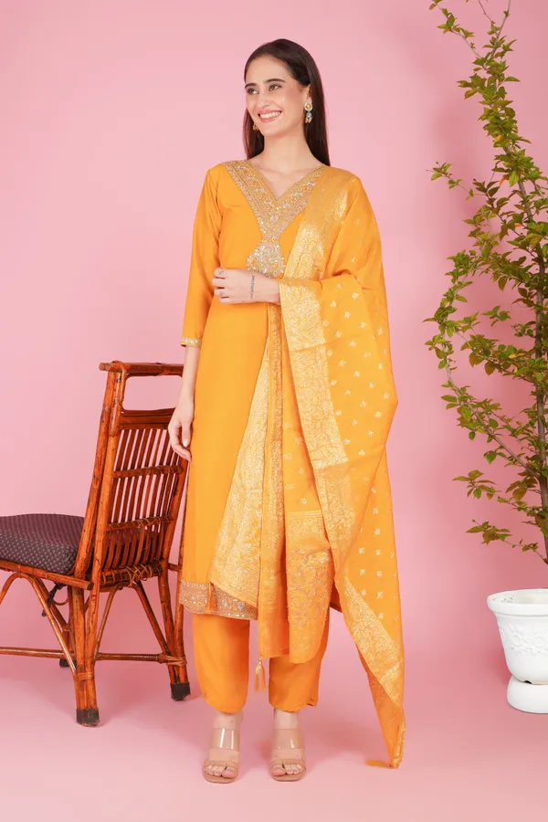 Mustard_Art_Silk_Premium_&_Elegant_Aline_Kurti_&_Pant_With_Dupatta_Set_For_Women