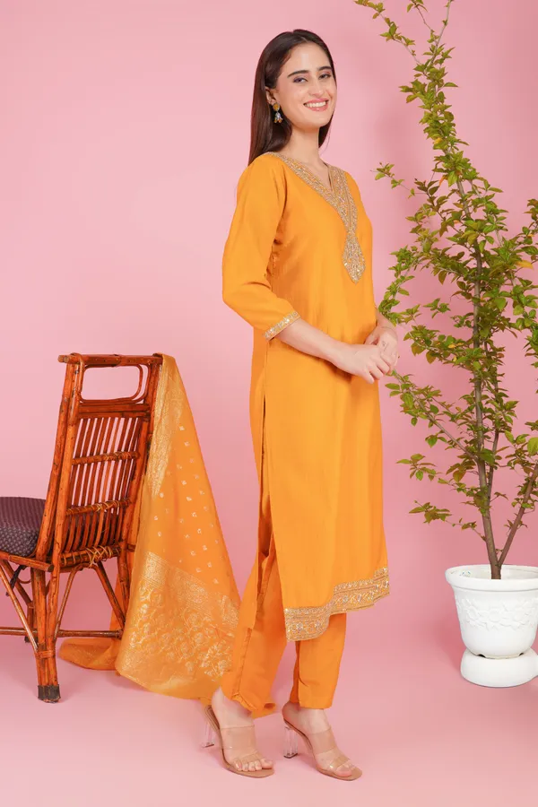 Mustard_Art_Silk_Premium_&_Elegant_Aline_Kurti_&_Pant_With_Dupatta_Set_For_Women