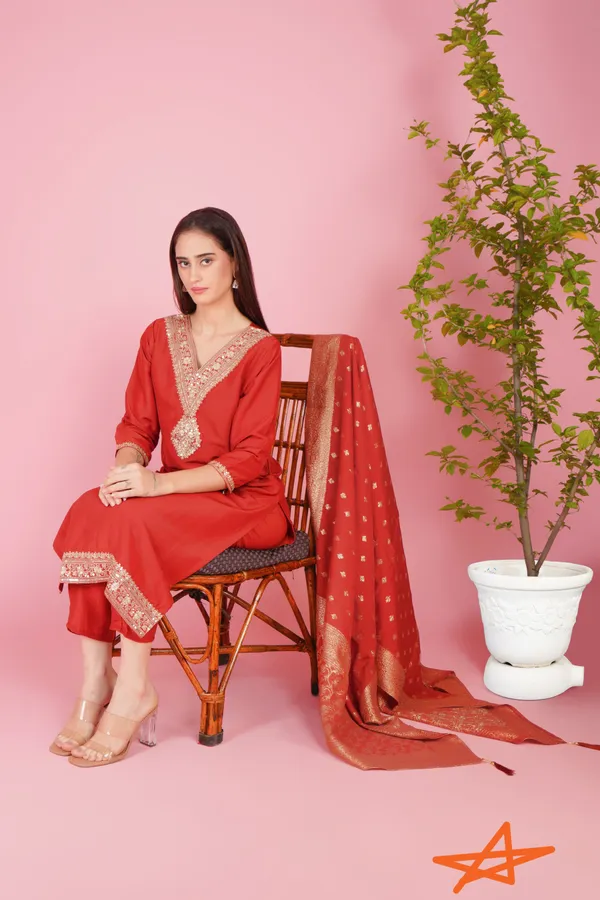 orange_Cotton_Blend_Premium_&_Elegant_Straight_Kurti_With_Dupatta_Set_For_Women