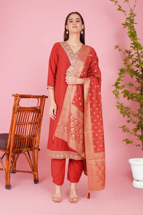 orange_Cotton_Blend_Premium_&_Elegant_Straight_Kurti_With_Dupatta_Set_For_Women