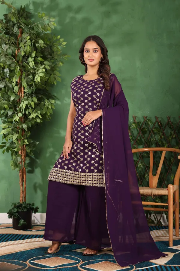Purple_Elegant_Georgette_Kurti_Set_With_Golden_Embroidery_&_Matching_Dupatta_For_Women