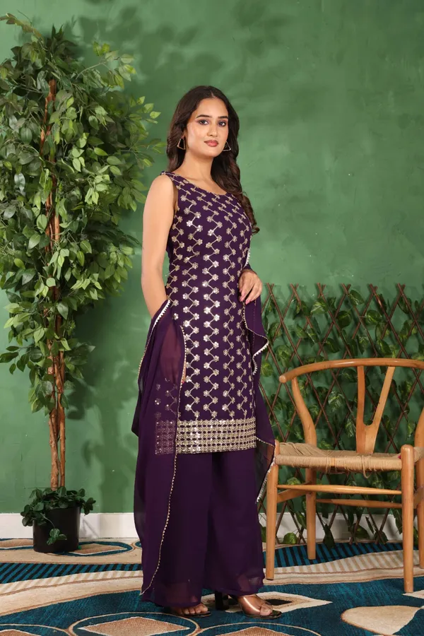 Purple_Elegant_Georgette_Kurti_Set_With_Golden_Embroidery_&_Matching_Dupatta_For_Women