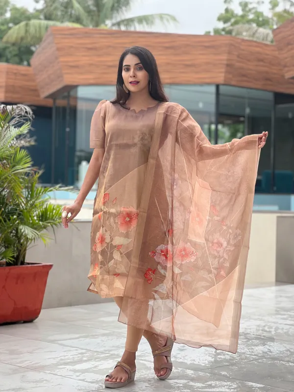 Brown_Tussar_Silk_Premium_&_Elegant_Aline_Kurti_With_Dupatta_Set_For_Women