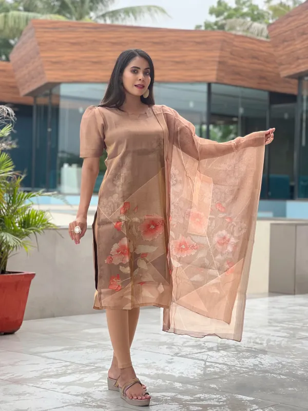 Brown_Tussar_Silk_Premium_&_Elegant_Aline_Kurti_With_Dupatta_Set_For_Women