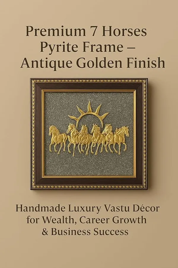 Pyrite_Stone_Frame_with_Vastu_Seven_Running_Horses_with_Sun_to_Attract_Money,_Protection_and_Chakra_Healing_-_Wooden_Photo_Frame_Wall_Decor_Items_for_Living_Room_with_Original_Pyrite_Dust_for_Money_Success