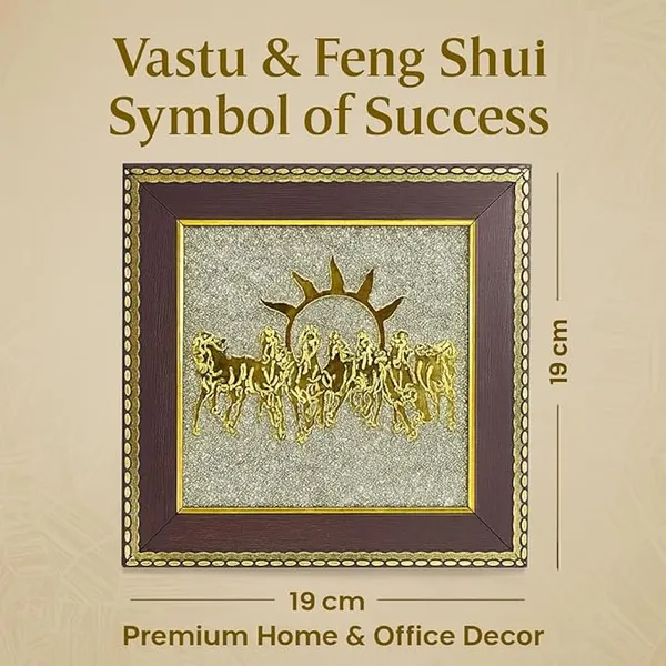 Pyrite_Stone_Frame_with_Vastu_Seven_Running_Horses_with_Sun_to_Attract_Money,_Protection_and_Chakra_Healing_-_Wooden_Photo_Frame_Wall_Decor_Items_for_Living_Room_with_Original_Pyrite_Dust_for_Money_Success