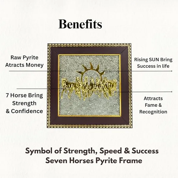 Pyrite_Stone_Frame_with_Vastu_Seven_Running_Horses_with_Sun_to_Attract_Money,_Protection_and_Chakra_Healing_-_Wooden_Photo_Frame_Wall_Decor_Items_for_Living_Room_with_Original_Pyrite_Dust_for_Money_Success