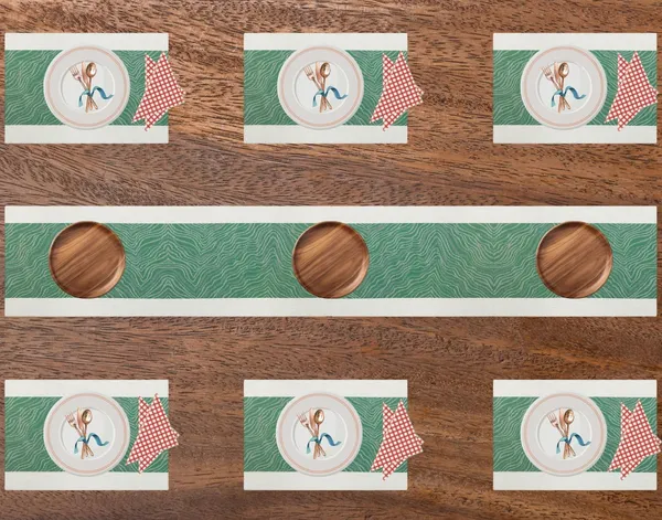 Green_Dining_Table_Placemat_Set_Pvc_Material_NonSlip_Washable_And_Heat_Resistant_Tablemates_Size_45X30Cm_And_Table_Runner_180Cm_X_30Cm_6_Placemat_With_Runner