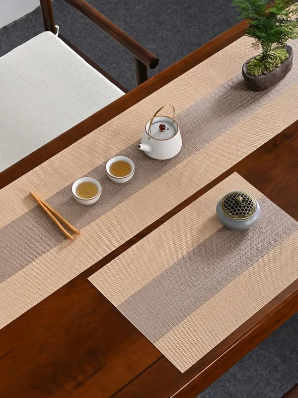 Beige_Dining_Table_Placemat_Set_Pvc_Material_NonSlip_Washable_And_Heat_Resistant_Tablemates_Size_45X30Cm_And_Table_Runner_180Cm_X_30Cm_4_Placemat_With_Runner