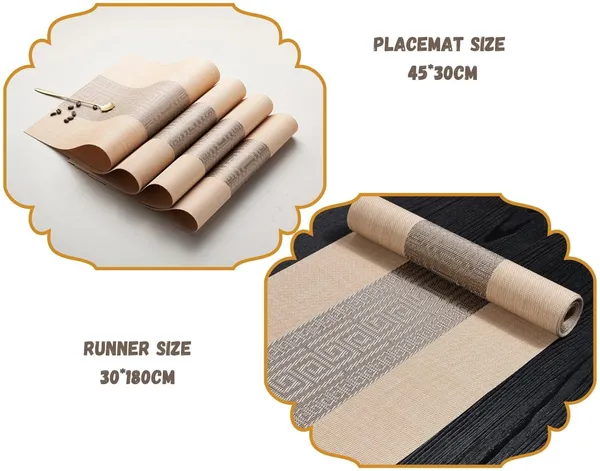 Beige_Dining_Table_Placemat_Set_Pvc_Material_NonSlip_Washable_And_Heat_Resistant_Tablemates_Size_45X30Cm_And_Table_Runner_180Cm_X_30Cm_4_Placemat_With_Runner