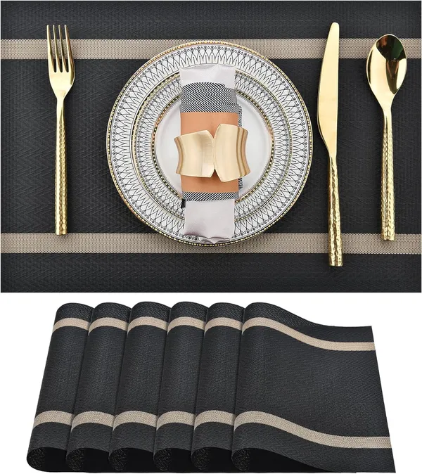 Black_Dining_Table_Placemat_Set_Pvc_Material_NonSlip_Washable_And_Heat_Resistant_Tablemates_Size_45X30Cm_6_Pcs_Placemat