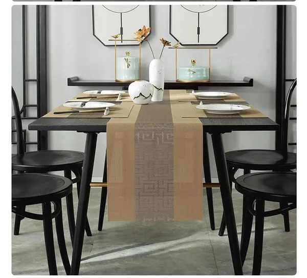 Brown_Dining_Table_Placemat_Set_Pvc_Material_NonSlip_Washable_And_Heat_Resistant_Tablemates_Size_45X30Cm_And_Table_Runner_180Cm_X_30Cm_6_Placemat_With_Runner