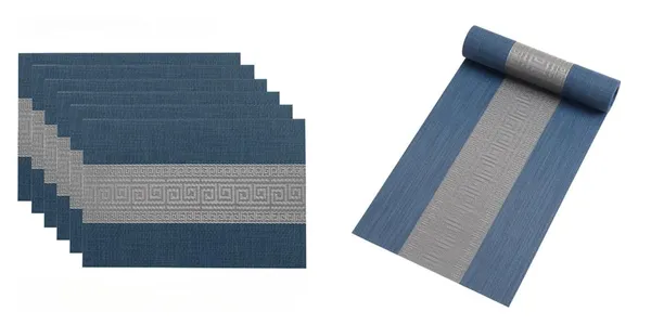 Blue_Dining_Table_Placemat_Set_Pvc_Material_NonSlip_Washable_And_Heat_Resistant_Tablemates_Size_45X30Cm_And_Table_Runner_180Cm_X_30Cm_4_Placemat_With_Runner