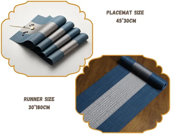Blue_Dining_Table_Placemat_Set_Pvc_Material_NonSlip_Washable_And_Heat_Resistant_Tablemates_Size_45X30Cm_And_Table_Runner_180Cm_X_30Cm_4_Placemat_With_Runner