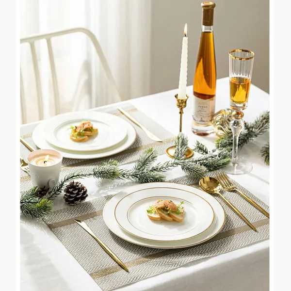 White_Dining_Table_Placemat_Set_Pvc_Material_NonSlip_Washable_And_Heat_Resistant_Tablemates_Size_45X30Cm_And_Table_Runner_180Cm_X_30Cm_4_Placemat_With_Runner