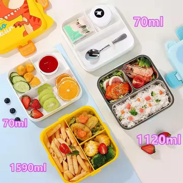 Yellow_Executive_AirTight_2_Tier_Stainless_Steel_&_Plastic_Containers_Lunch_Box_With_3D_Dinosaur_Design_Handheld_Tiffin_Leak_Proof_Container_For_School_Office_Use