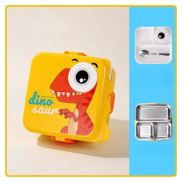 Yellow_Executive_AirTight_2_Tier_Stainless_Steel_&_Plastic_Containers_Lunch_Box_With_3D_Dinosaur_Design_Handheld_Tiffin_Leak_Proof_Container_For_School_Office_Use