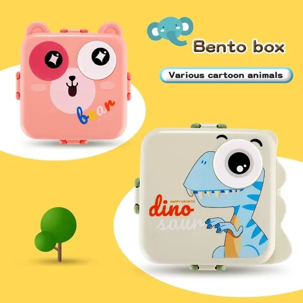 Yellow_Executive_AirTight_2_Tier_Stainless_Steel_&_Plastic_Containers_Lunch_Box_With_3D_Dinosaur_Design_Handheld_Tiffin_Leak_Proof_Container_For_School_Office_Use