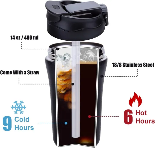 BlackWhite_400Ml_Travel_Coffee_Mug_2_Pack_Vacuum_Insulated_Coffee_Travel_Mug_Spill_Proof_With_Lid_And_Straw_Reusable_Coffee_Tumbler_For_Keep_HotIce_CoffeeTea_And_Beer_Car_Thermos_Cup_Gift_For_Men_And_Women