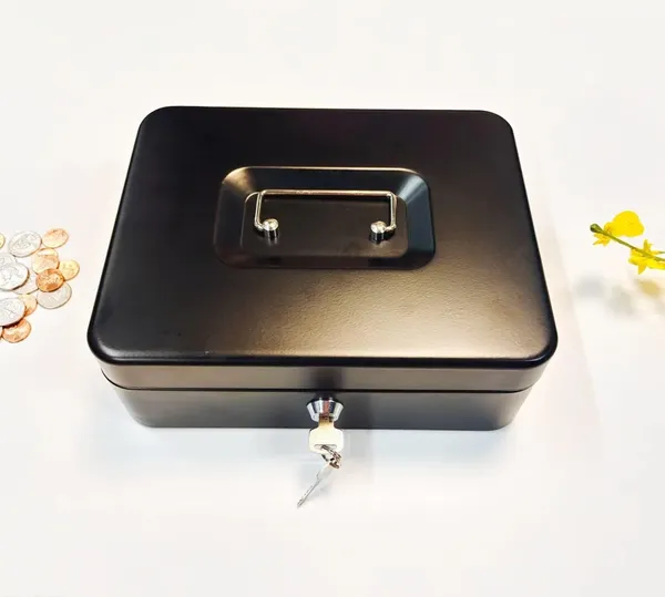 Black_Cash_Money_Safe_Box__Compact_Solid_Steel_Lockable_Security_Storage_Chest_For_Loose_Money_Coins_Change_&_Valuables_With_2_Keys__Removable_Tray_With_5_Coin_Sections_1_Bill_Section__8_Inch