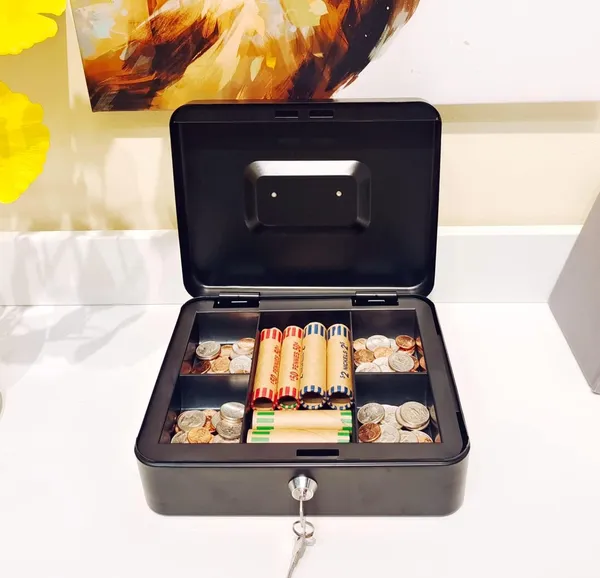 Black_Cash_Money_Safe_Box__Compact_Solid_Steel_Lockable_Security_Storage_Chest_For_Loose_Money_Coins_Change_&_Valuables_With_2_Keys__Removable_Tray_With_5_Coin_Sections_1_Bill_Section__8_Inch