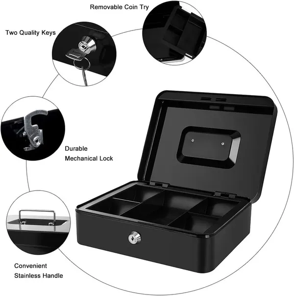 Black_Cash_Money_Safe_Box__Compact_Solid_Steel_Lockable_Security_Storage_Chest_For_Loose_Money_Coins_Change_&_Valuables_With_2_Keys__Removable_Tray_With_5_Coin_Sections_1_Bill_Section__8_Inch