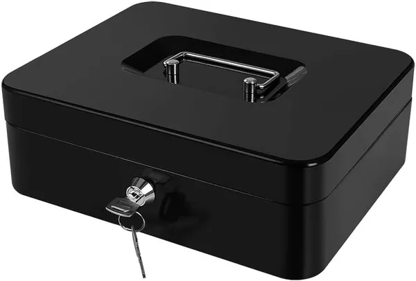 Black_Cash_Money_Safe_Box__Compact_Solid_Steel_Lockable_Security_Storage_Chest_For_Loose_Money_Coins_Change_&_Valuables_With_2_Keys__Removable_Tray_With_5_Coin_Sections_1_Bill_Section__8_Inch