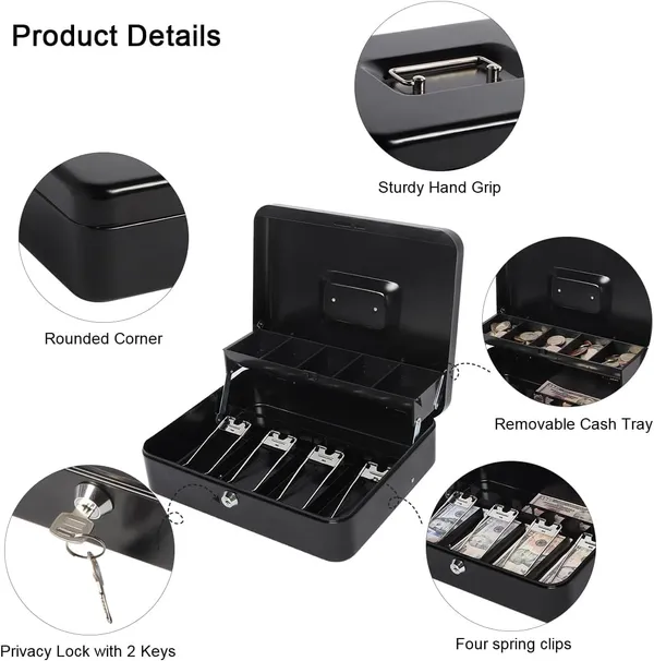 Cash_Money_Safe_Box_-_Compact_Solid_Steel_Lockable_Security_Storage_Chest_for_Loose_Money,_Coins,_Change_&_Valuables_with_2_Keys_(X-Large)_11.8"L_x_9.5"W_x_3.5"H,_Black