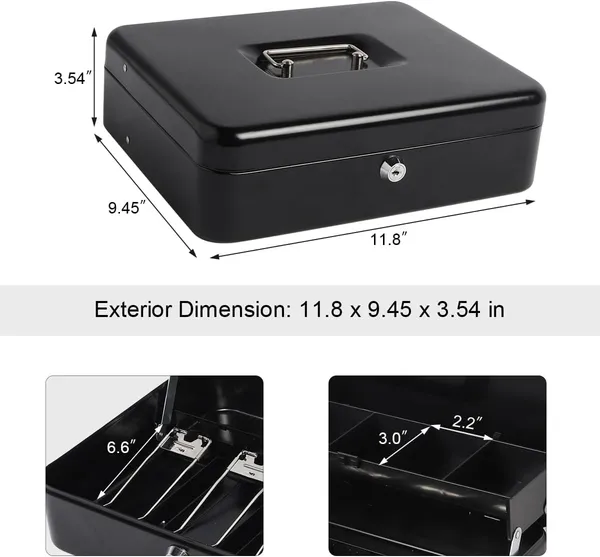 Cash_Money_Safe_Box_-_Compact_Solid_Steel_Lockable_Security_Storage_Chest_for_Loose_Money,_Coins,_Change_&_Valuables_with_2_Keys_(X-Large)_11.8"L_x_9.5"W_x_3.5"H,_Black