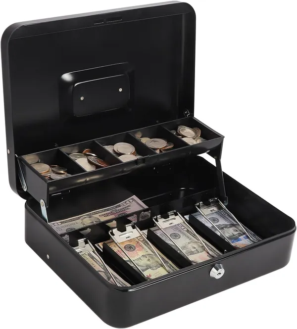 Cash_Money_Safe_Box_-_Compact_Solid_Steel_Lockable_Security_Storage_Chest_for_Loose_Money,_Coins,_Change_&_Valuables_with_2_Keys_(X-Large)_11.8"L_x_9.5"W_x_3.5"H,_Black