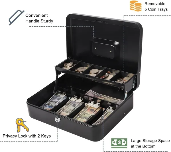 Cash_Money_Safe_Box_-_Compact_Solid_Steel_Lockable_Security_Storage_Chest_for_Loose_Money,_Coins,_Change_&_Valuables_with_2_Keys_(X-Large)_11.8"L_x_9.5"W_x_3.5"H,_Black