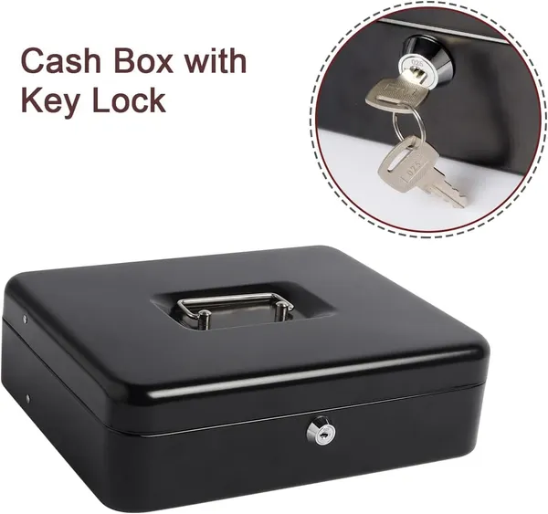 Cash_Money_Safe_Box_-_Compact_Solid_Steel_Lockable_Security_Storage_Chest_for_Loose_Money,_Coins,_Change_&_Valuables_with_2_Keys_(X-Large)_11.8"L_x_9.5"W_x_3.5"H,_Black