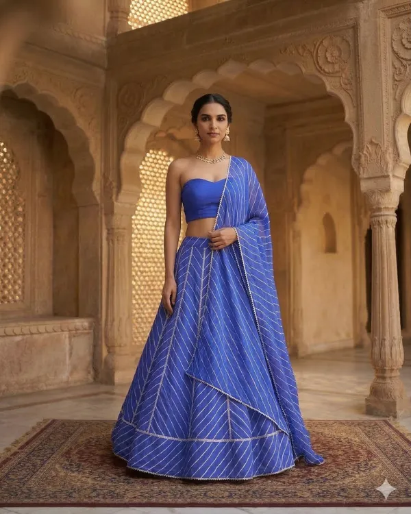 Blue_&_Golden_Bandhani_Print_Lehenga_With_Dupatta_Unstitched_Blouse_Piece_For_Women