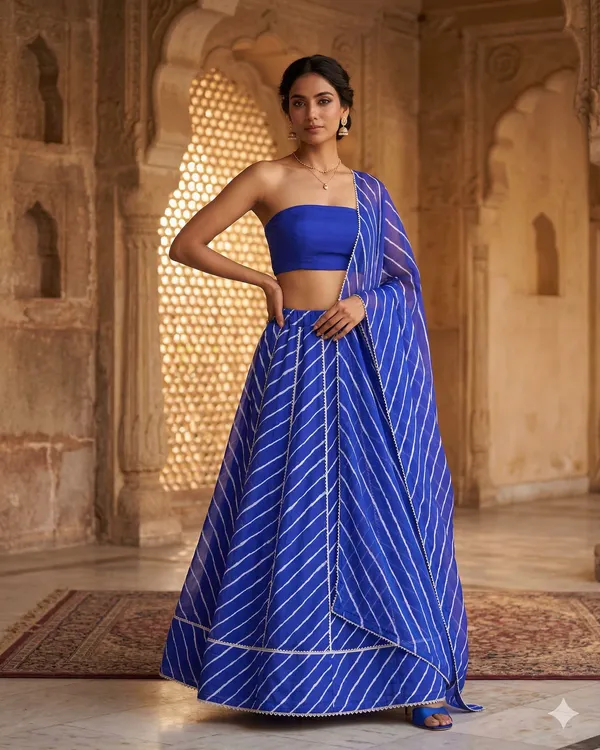 Blue_&_Golden_Bandhani_Print_Lehenga_With_Dupatta_Unstitched_Blouse_Piece_For_Women