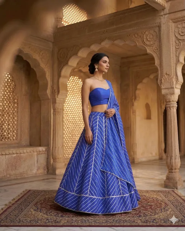 Blue_&_Golden_Bandhani_Print_Lehenga_With_Dupatta_Unstitched_Blouse_Piece_For_Women