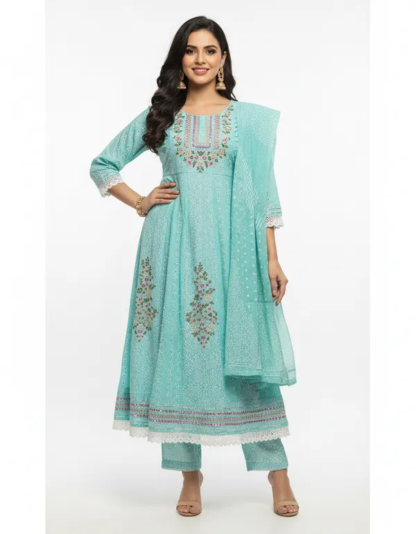 Aqua_Blue_Embroidered_Kurta_Set_With_Printed_Dupatta_For_Women