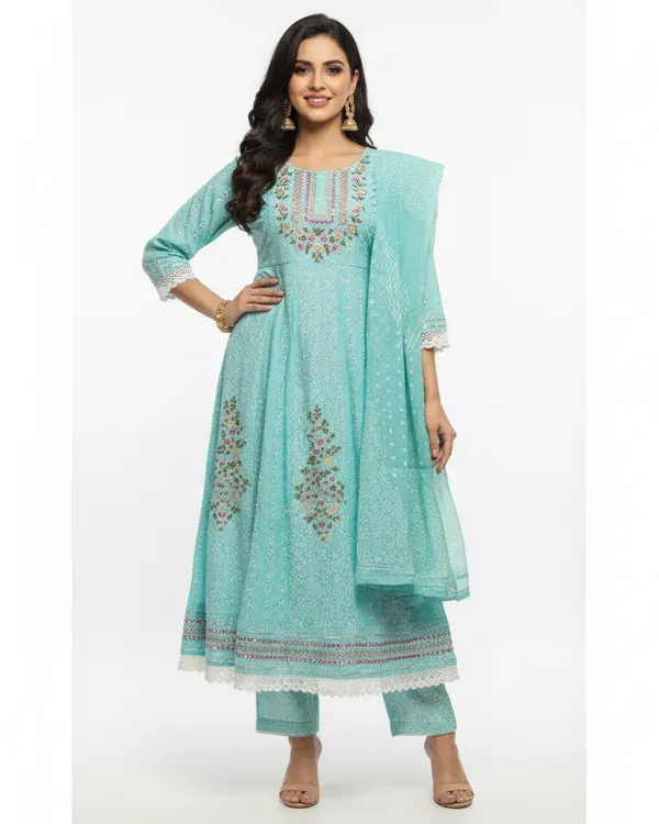 Aqua_Blue_Embroidered_Kurta_Set_With_Printed_Dupatta_For_Women