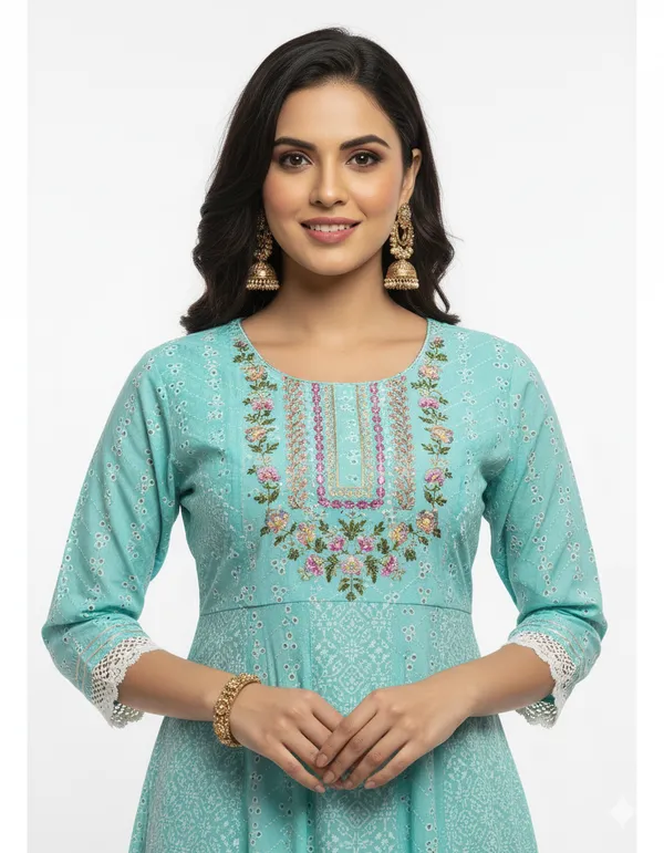 Aqua_Blue_Embroidered_Kurta_Set_With_Printed_Dupatta_For_Women