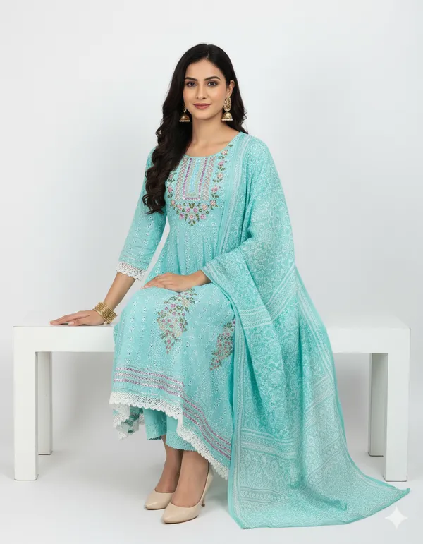 Aqua_Blue_Embroidered_Kurta_Set_With_Printed_Dupatta_For_Women