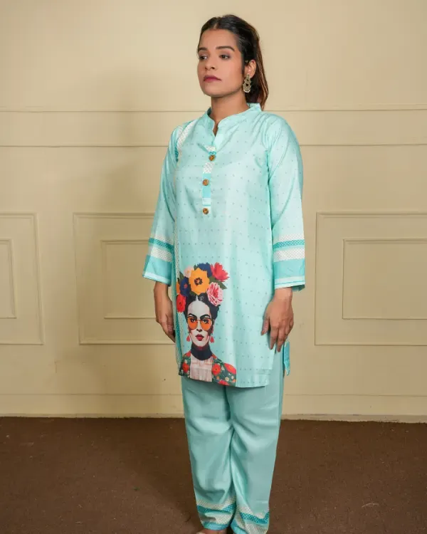 Aqua_Blue_Pop_Art_Kurta__Frida_Edition_For_Women