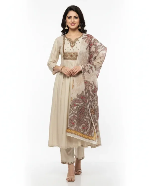 Beige_Embroidered_Kurta_Set_With_Printed_Dupatta_For_Women