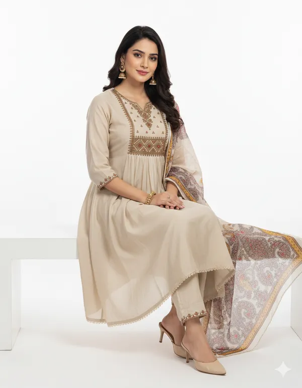 Beige_Embroidered_Kurta_Set_With_Printed_Dupatta_For_Women