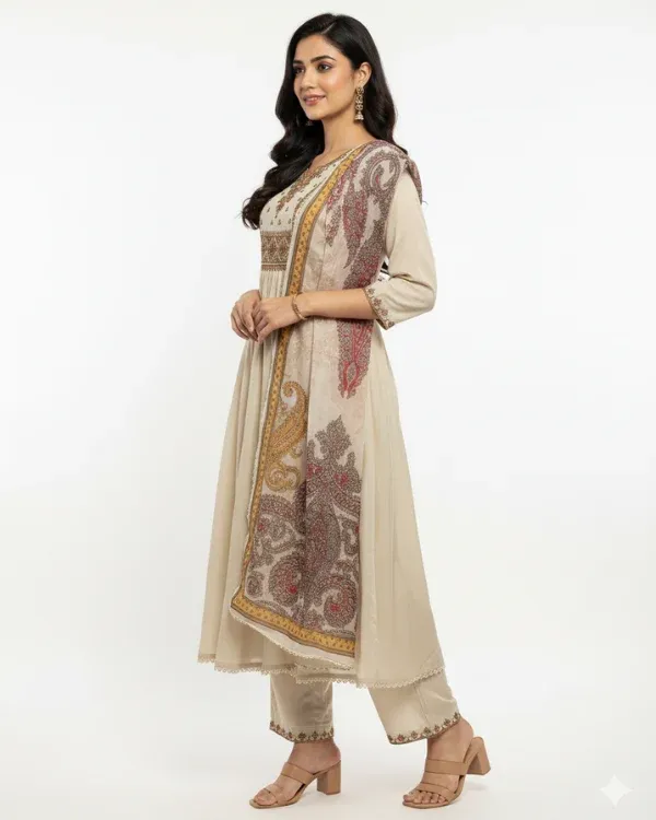 Beige_Embroidered_Kurta_Set_With_Printed_Dupatta_For_Women